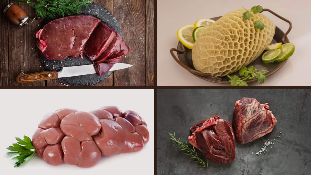 organ meats: kidney, tripe, heart and liver