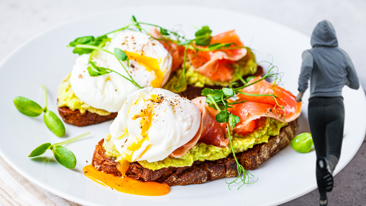 woman running superimposed on savoury breakfast