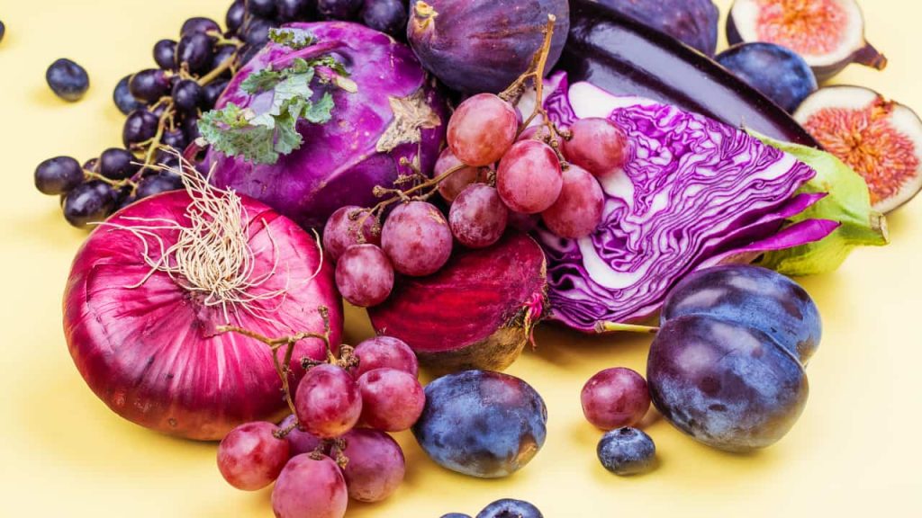 Blueberries, purple cabbage, eggplant, and blackberries.