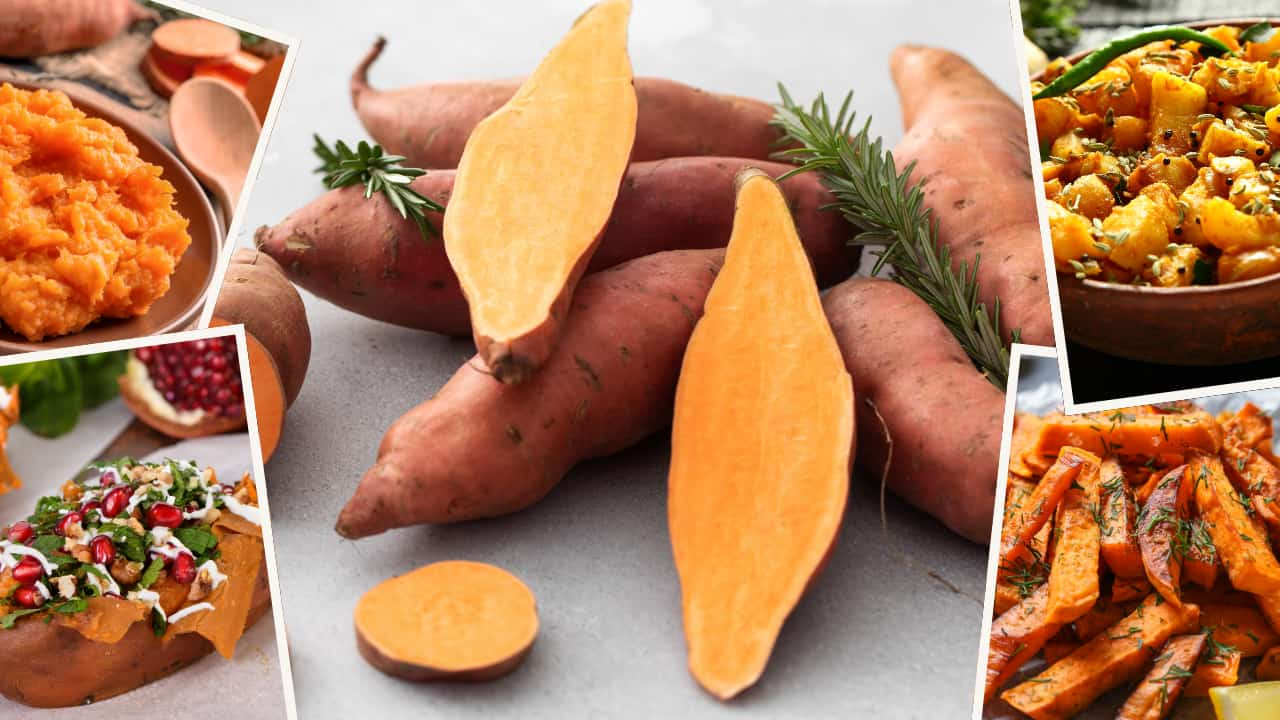 raw sweet potatoes surrounded by sweet potato dishes